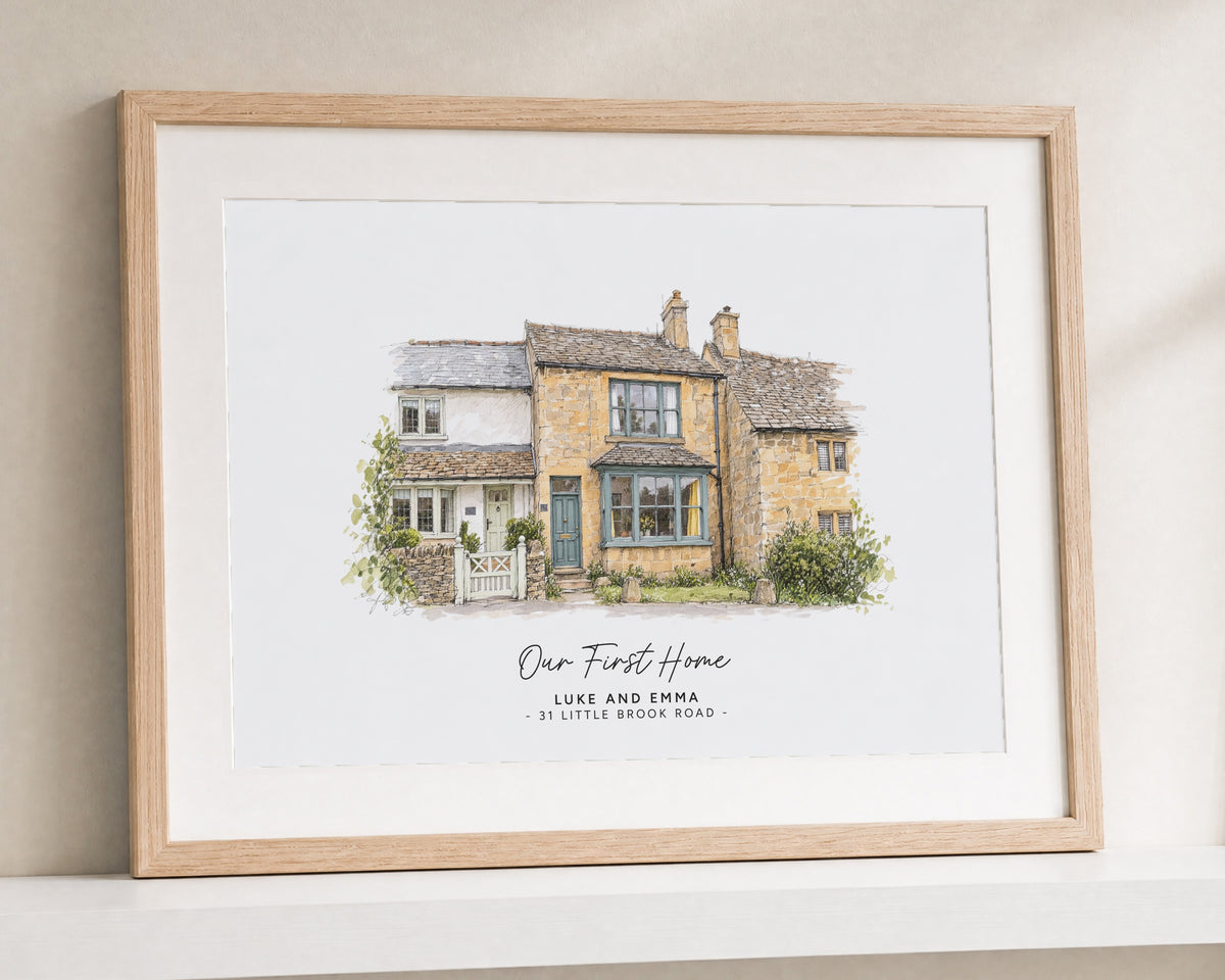 Personalised House Portrait Print, Our First Home Wall Art, New Home Gift, House Warming Gift, Custom Home Illustration, Oak Framed Print