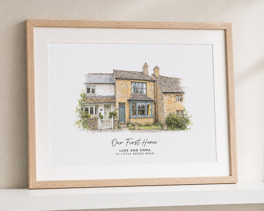 Personalised House Portrait Print, Our First Home Wall Art, New Home Gift, House Warming Gift, Custom Home Illustration, Oak Framed Print
