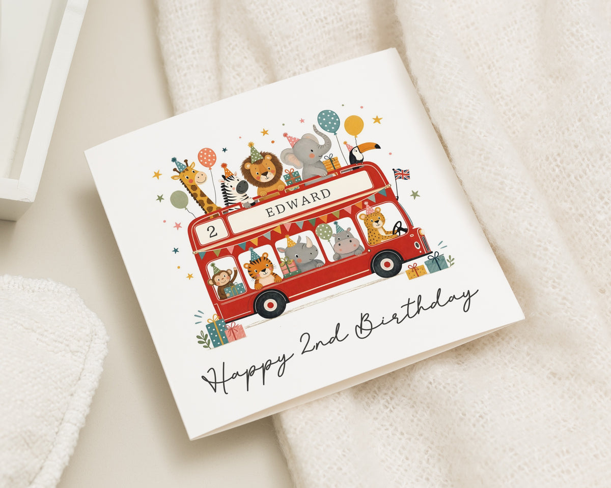 2nd Birthday Card, Second Birthday Card, Personalised Birthday Card, London Bus Birthday Card, Safari Birthday Card for Boy