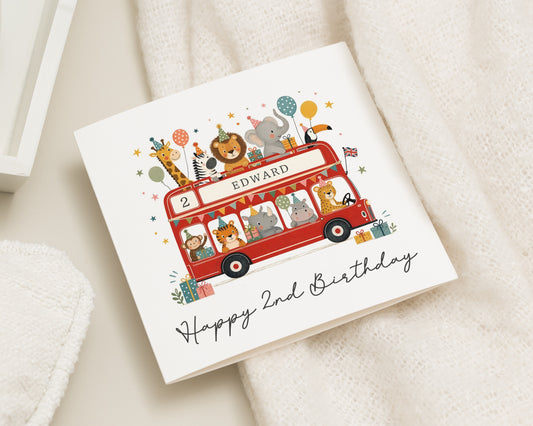 2nd Birthday Card, Second Birthday Card, Personalised Birthday Card, London Bus Birthday Card, Safari Birthday Card for Boy