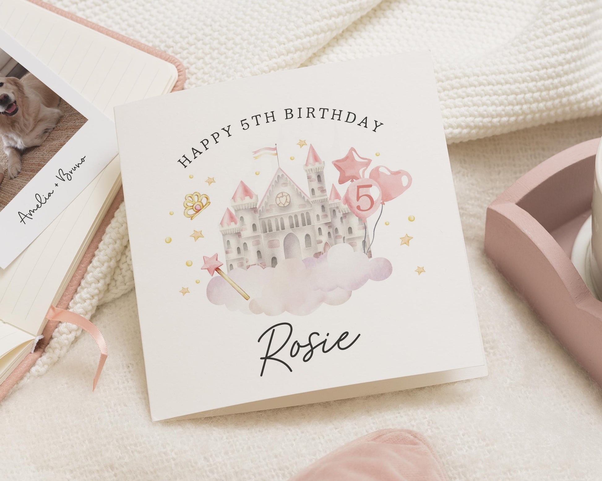 5th Birthday Card for Girl, Princess Castle Birthday Card, Personalised Birthday Card for Daughter, Granddaughter, Niece, Custom Name Card
