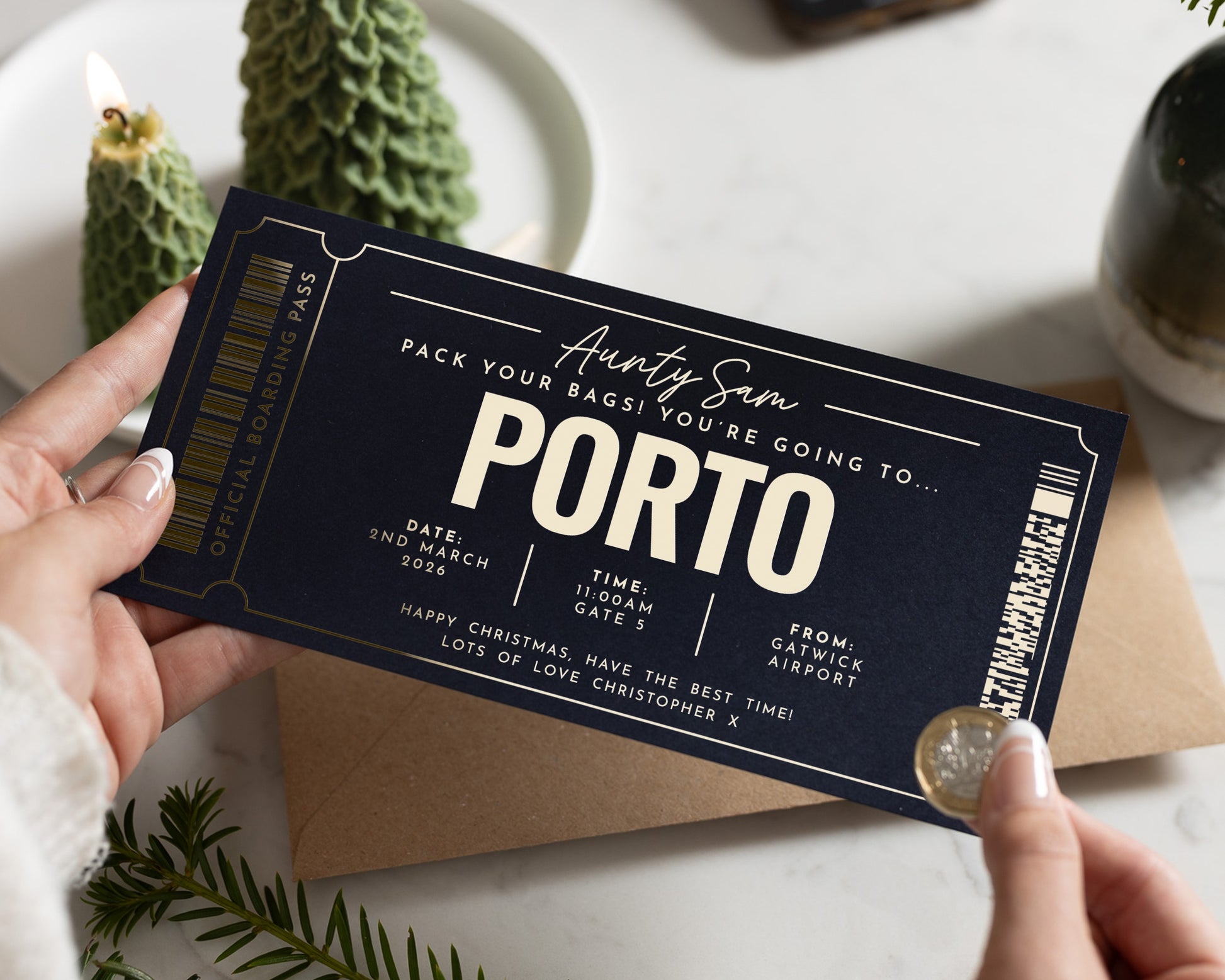 Personalised Holiday Reveal Ticket, Porto Gift Voucher, Scratch To Reveal, Custom Boarding Pass, Gift For Aunty, Christmas Gift