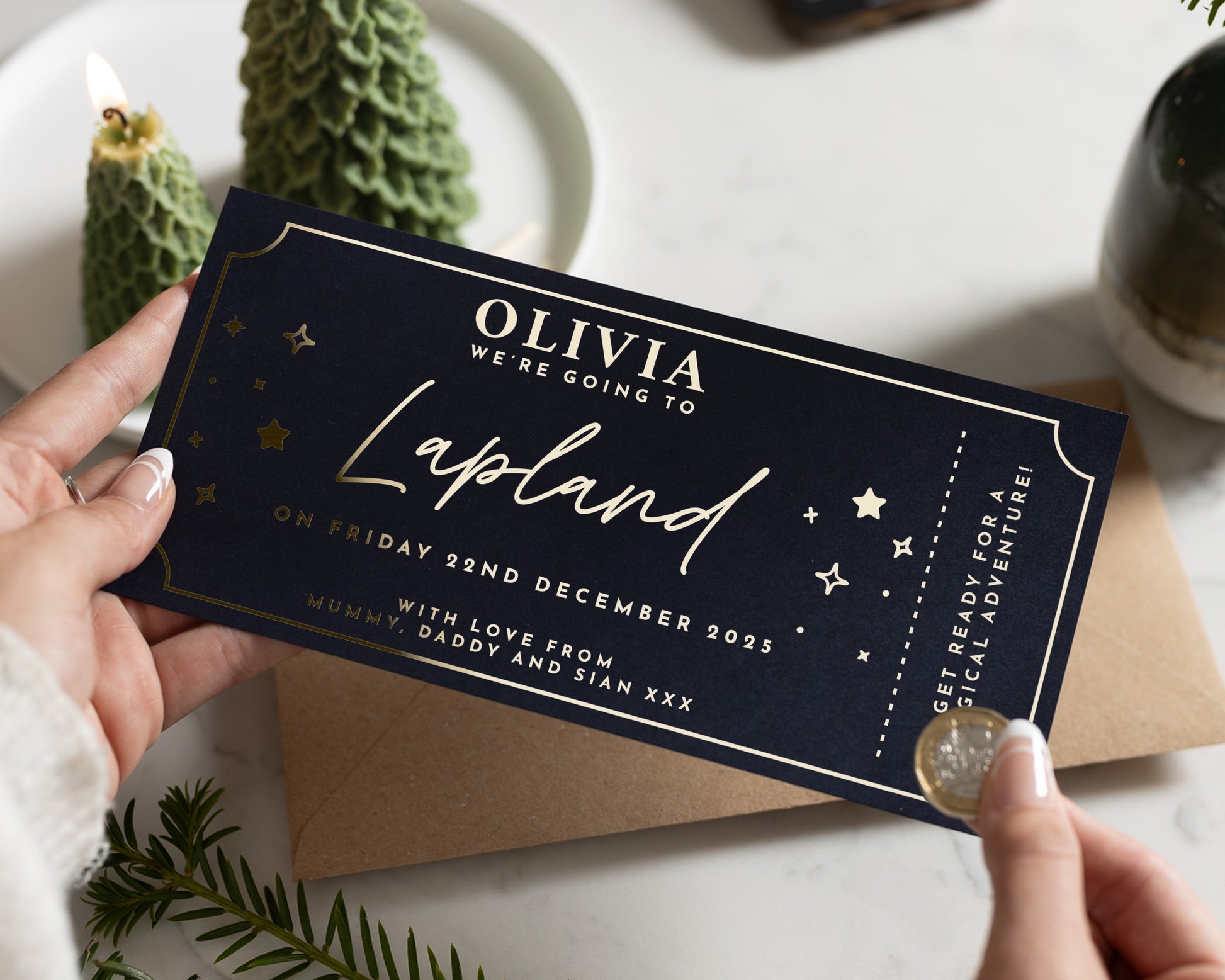 Personalised Lapland Gift Voucher, Holiday Reveal Ticket, Gold Foil Scratch To Reveal, Christmas Gift For Kids, Family Experience