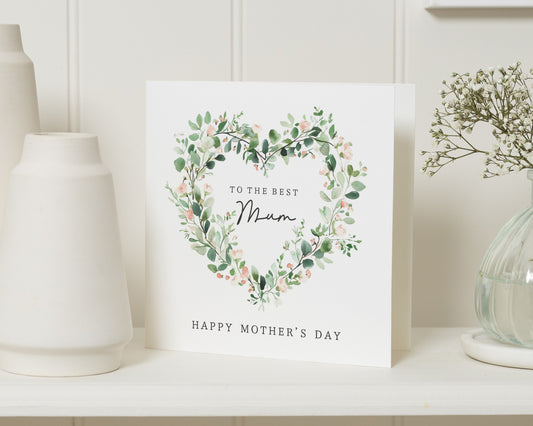 Mother’s Day Card for Mum, Floral Mother’s Day Card, Best Mum Card, Mother's Day Greeting Card, Heart Wreath Card