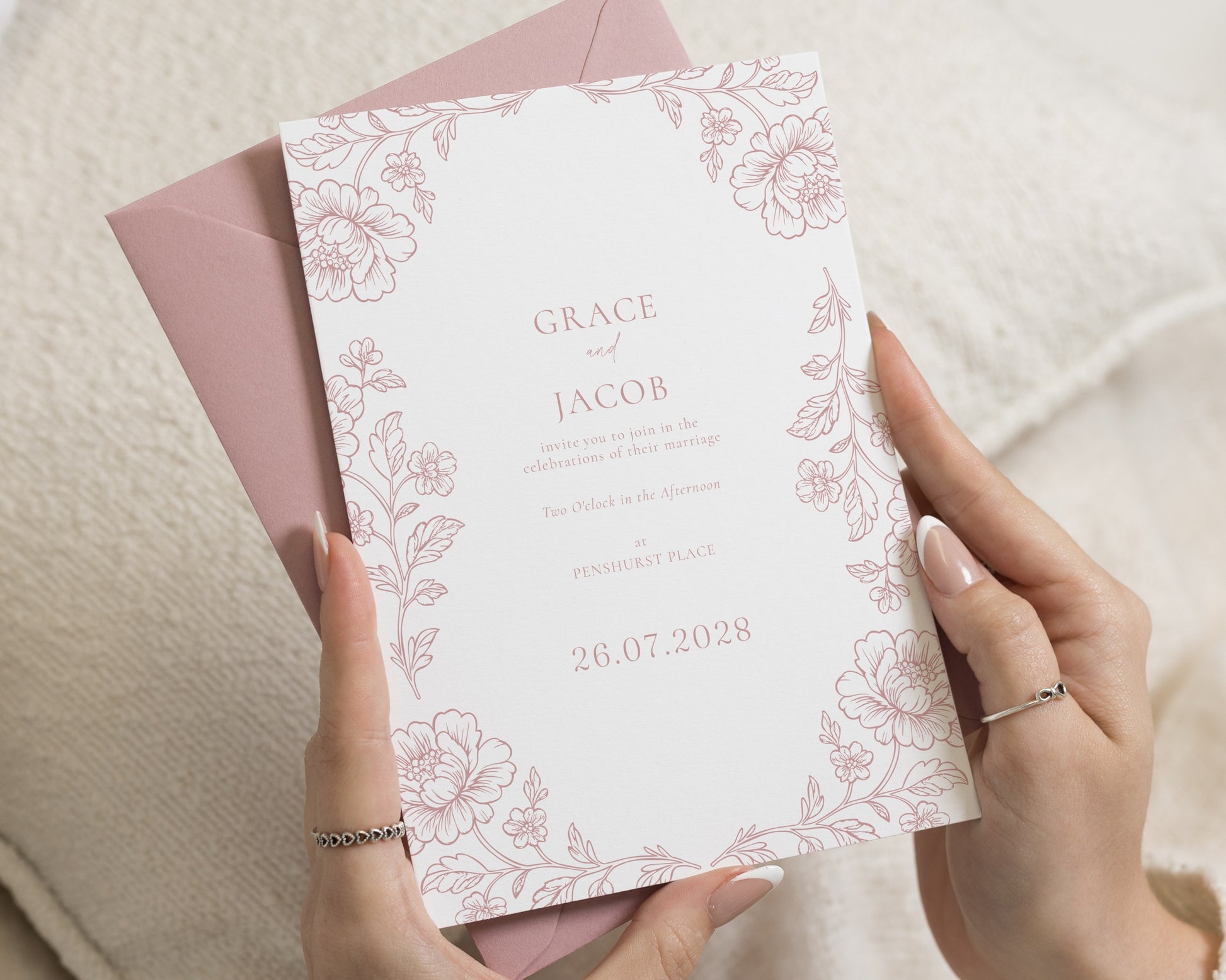 Blush Floral Wedding Invitations, Elegant Botanical Wedding Invite, Pink Wildflower Personalised Wedding Invitation Suite