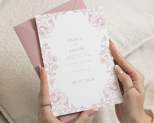 Blush Floral Wedding Invitations, Elegant Botanical Wedding Invite, Pink Wildflower Personalised Wedding Invitation Suite
