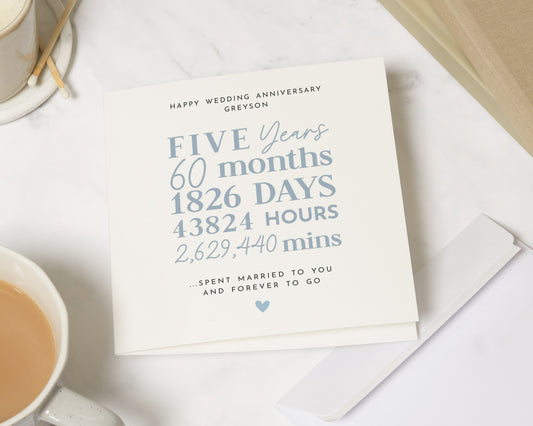 Personalised Five Year Anniversary Card, 5th Anniversary Card, Wedding Anniversary Card, Custom Romantic Card for Couple