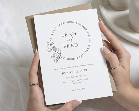 Wildflower Wedding Invitations, Minimal Botanical Wedding Invite, Elegant Rustic Invitation Suite, Kraft Envelope Wedding Stationery