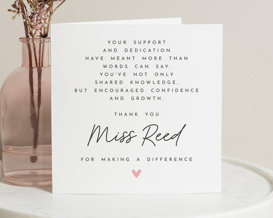 Teacher Thank You Card, Personalised Teacher Card, End of Term Card, Thank You Miss Reed, Teacher Appreciation