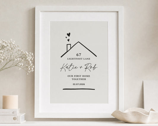 Personalised First Home Print, Custom Address Wall Art, White Wall Art, New Home Gift, House Warming Gift for Couple, Portrait Framed Print