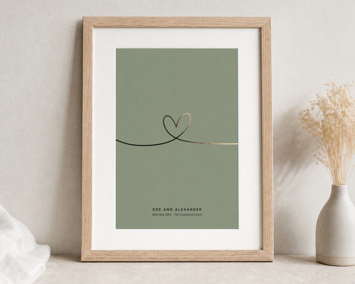 Personalised Gold Foil Couple Print, Sage Green Wall Art, Wedding Gift, Anniversary Gift, Minimalist Heart Portrait Print
