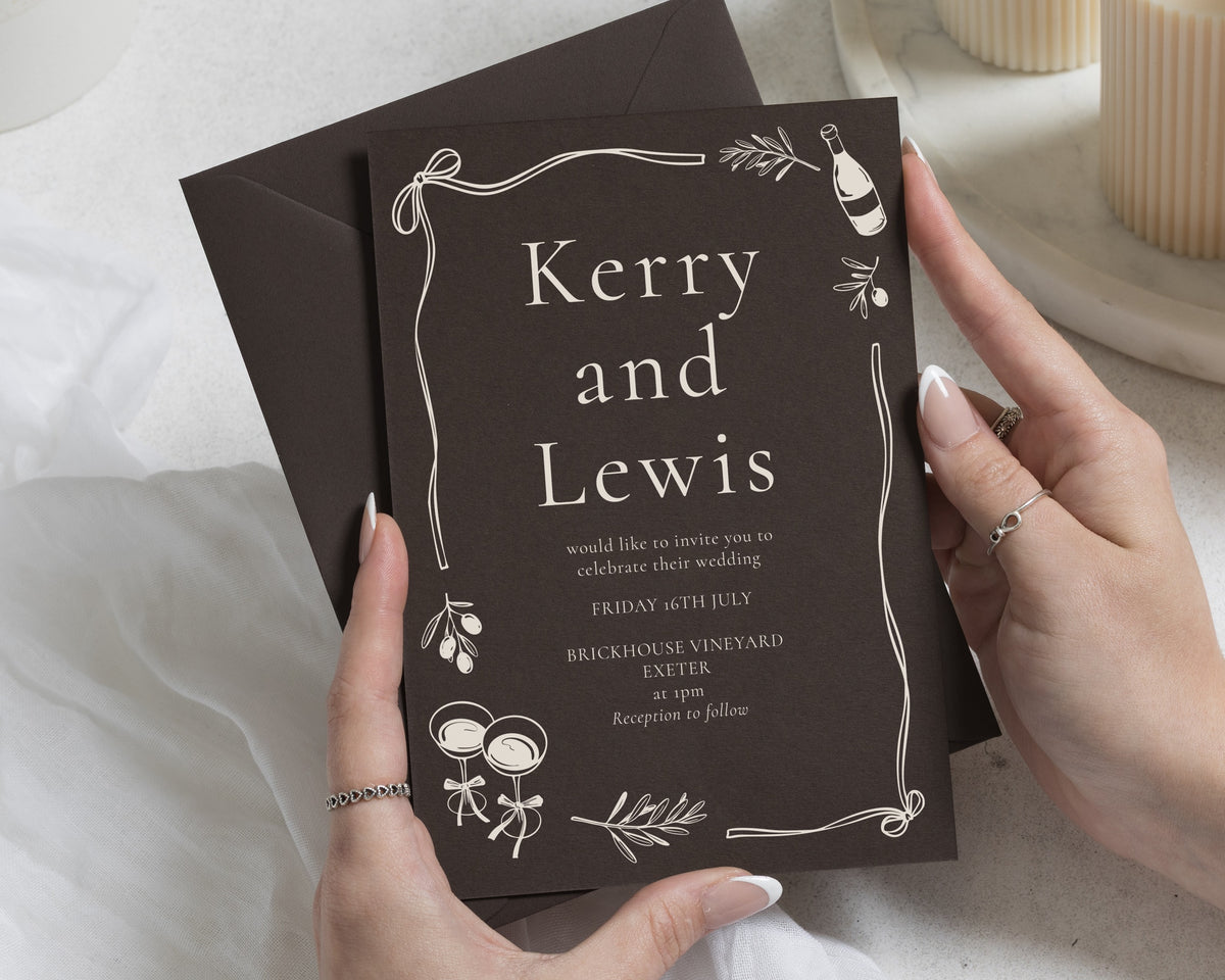 Chocolate Brown Wedding Invitations, Mediterranean Wedding Invites, Elegant Botanical Line Art, Personalised Invitation Suite