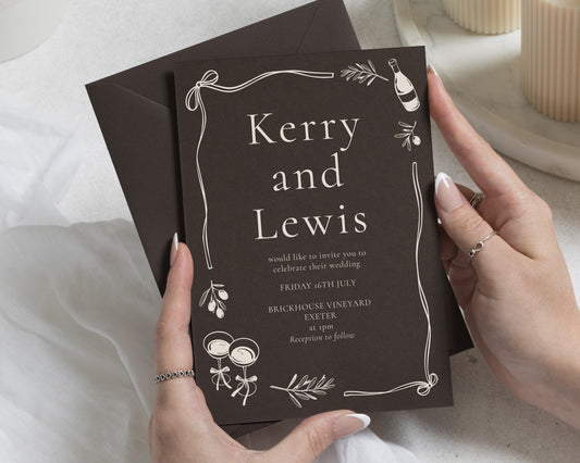 Chocolate Brown Wedding Invitations, Mediterranean Wedding Invites, Elegant Botanical Line Art, Personalised Invitation Suite
