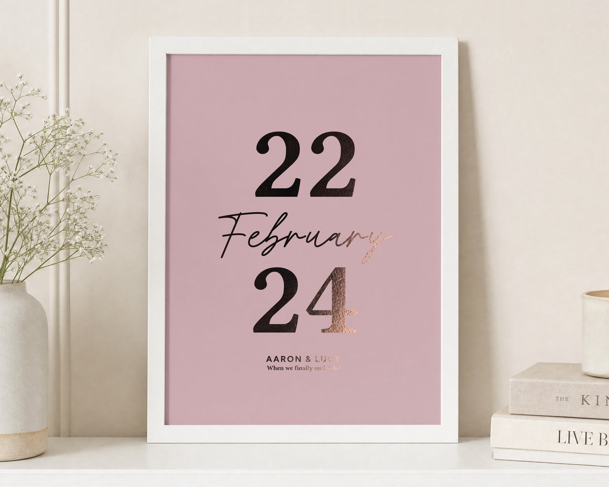 Personalised Rose Gold Foil Wedding Date Print, Rose Pink Wall Art, Anniversary Gift, Gift for Couple, White Framed Print