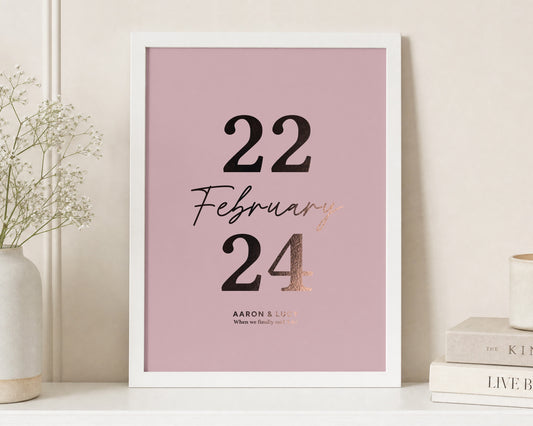 Personalised Rose Gold Foil Wedding Date Print, Rose Pink Wall Art, Anniversary Gift, Gift for Couple, White Framed Print