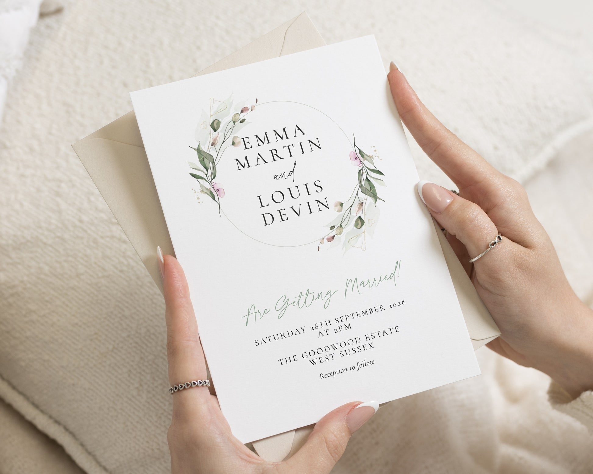 Floral Greenery Wedding Invitations, Botanical Wedding Invite, Elegant Garden Wedding Stationery, Personalised Invitation Suite