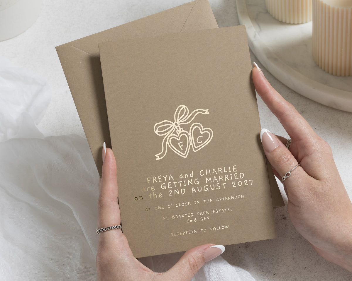 Gold Foil Wedding Invitations, Personalised Taupe Wedding Invite, Hand Drawn Heart and Bow Design, Simple Romantic Stationery