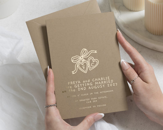 Gold Foil Wedding Invitations, Personalised Taupe Wedding Invite, Hand Drawn Heart and Bow Design, Simple Romantic Stationery