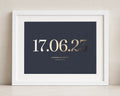 Personalised Gold Foil Date Print, Navy Blue Wedding Wall Art, Anniversary Gift, Gift for Couple, Landscape Framed Print