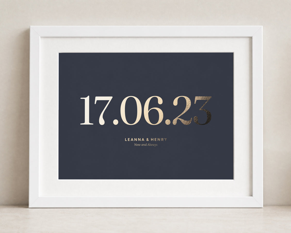 Personalised Gold Foil Date Print, Navy Blue Wedding Wall Art, Anniversary Gift, Gift for Couple, Landscape Framed Print