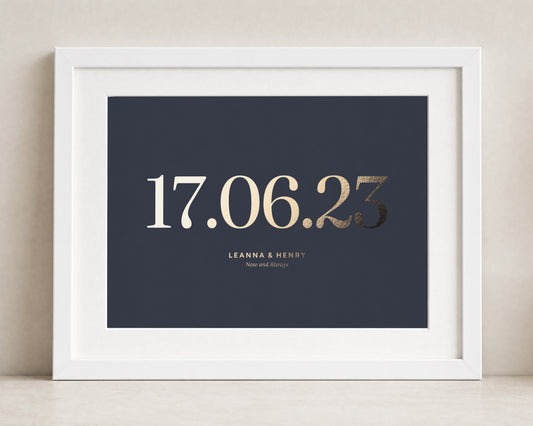 Personalised Gold Foil Date Print, Navy Blue Wedding Wall Art, Anniversary Gift, Gift for Couple, Landscape Framed Print