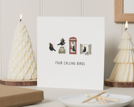 Christmas Card, Four Calling Birds Card, Twelve Days of Christmas Card, Bird Christmas Card, Cute Festive Greeting Cards, 12 Days Card