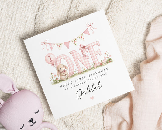 1st Birthday Card for Girl, First Birthday Card, Personalised Birthday Card, Daughter Birthday Card, Granddaughter Card, Bunny Card