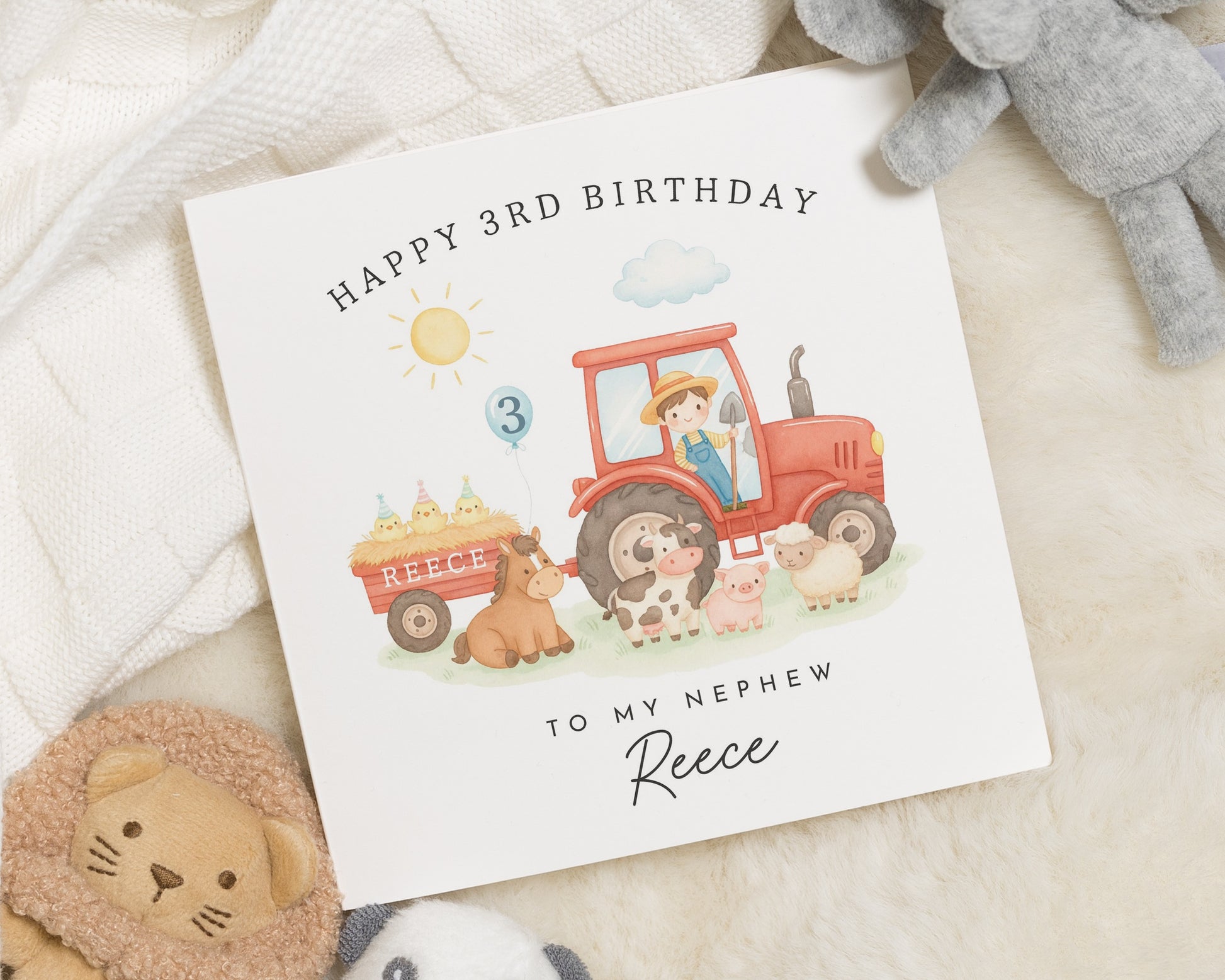 3rd Birthday Card for Nephew, Personalised Tractor Birthday Card, Farm Animal Birthday Card, Birthday Card for Boy, Cute Kids Card