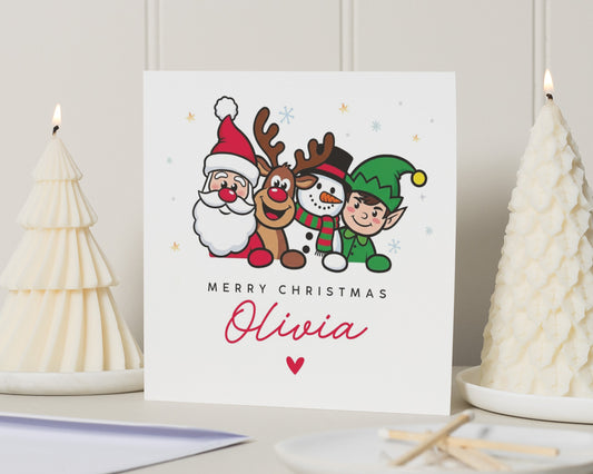Personalised Christmas Card, Merry Christmas Card for Kids, Cute Santa Reindeer Snowman Elf Card, Christmas Card for Girl or Boy