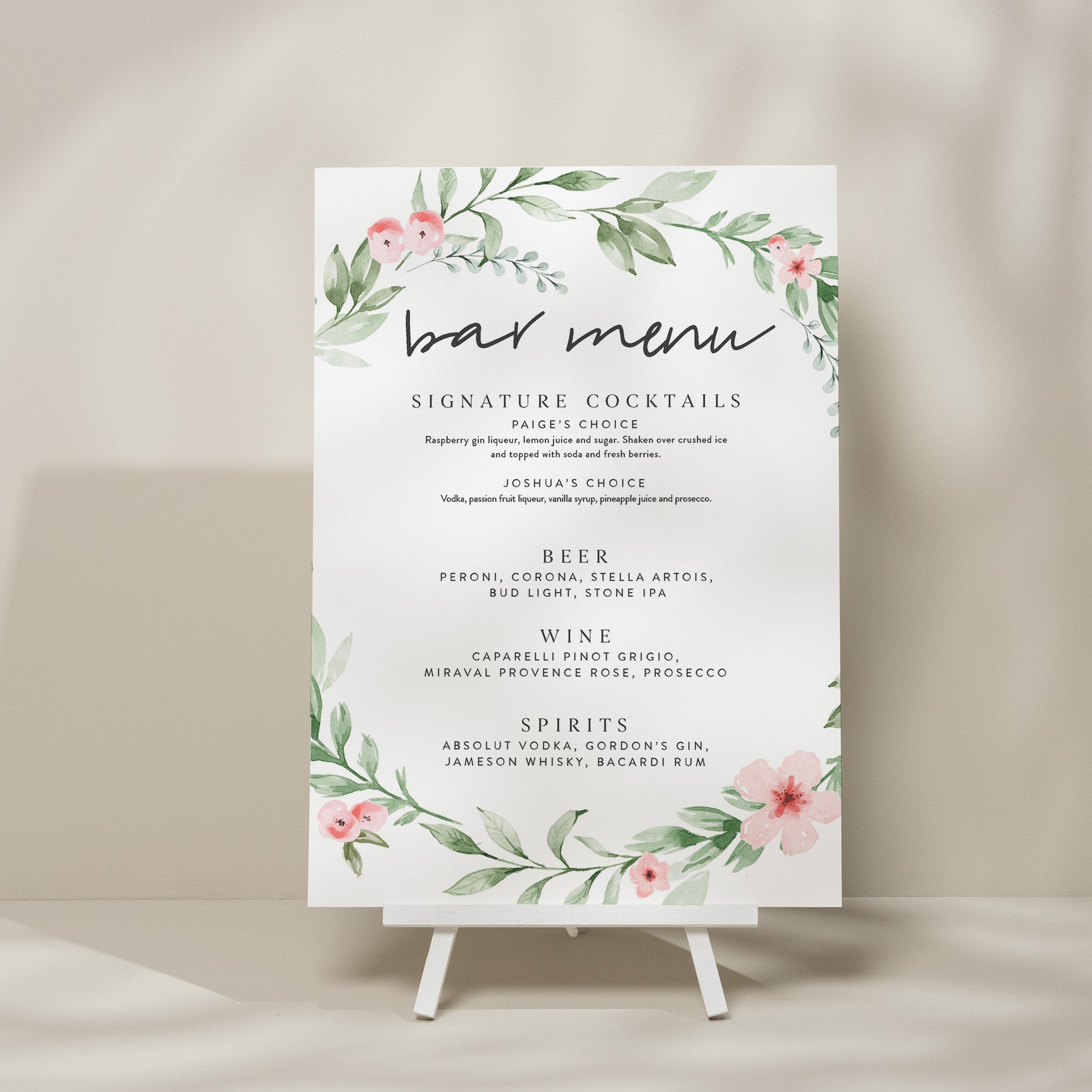 Floral Wedding Bar Menu Sign, Drink List Wedding Sign, Wedding Bar Signage, Wedding Drink Menu Sign, Minimalist Wedding Sign &#39;Paige&#39;