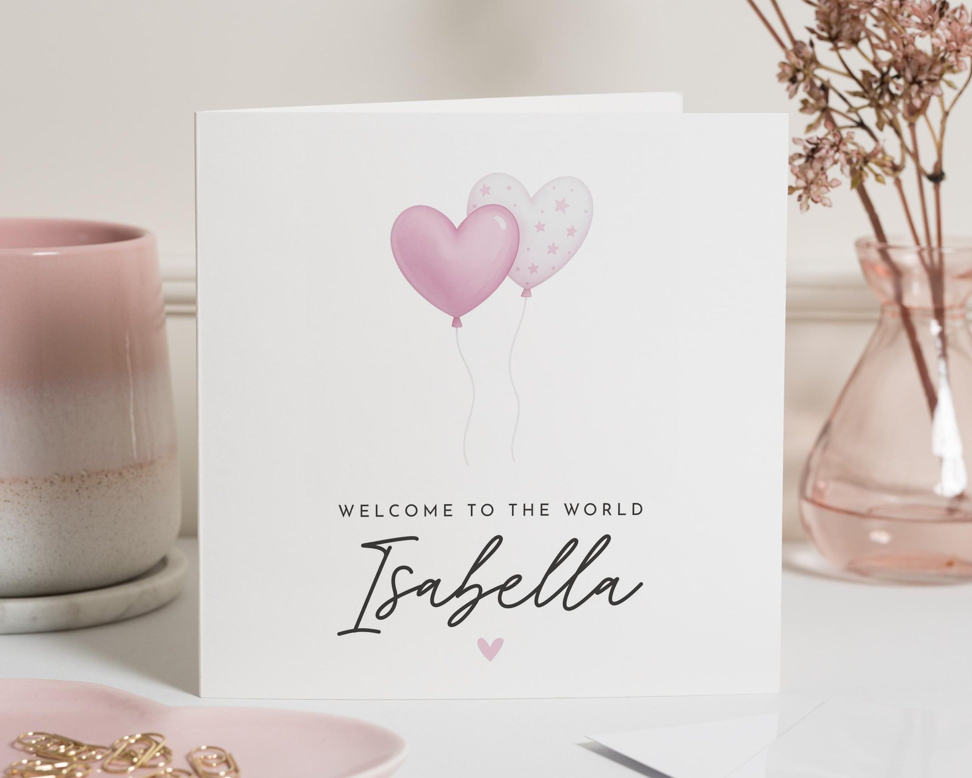 New Baby Girl Card, Personalised Welcome to the World Card, Baby Girl Congratulations, Custom Name Card, Pink Balloon Card