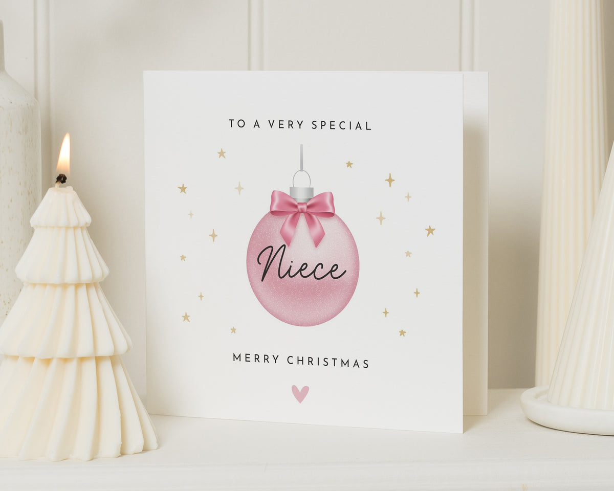 Christmas Card for Niece, Niece Christmas Card, Christmas Cards for Her, Merry Christmas Card, Cute Pink Bauble Xmas Card