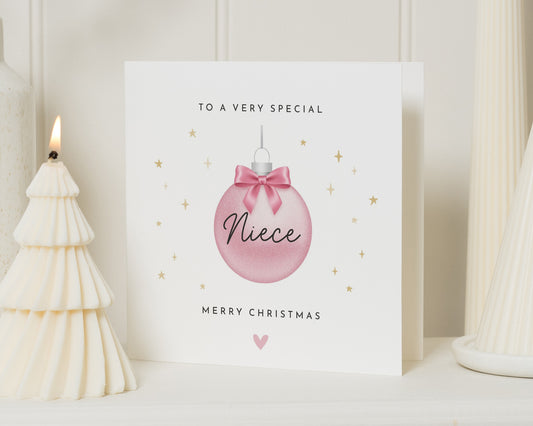 Christmas Card for Niece, Niece Christmas Card, Christmas Cards for Her, Merry Christmas Card, Cute Pink Bauble Xmas Card