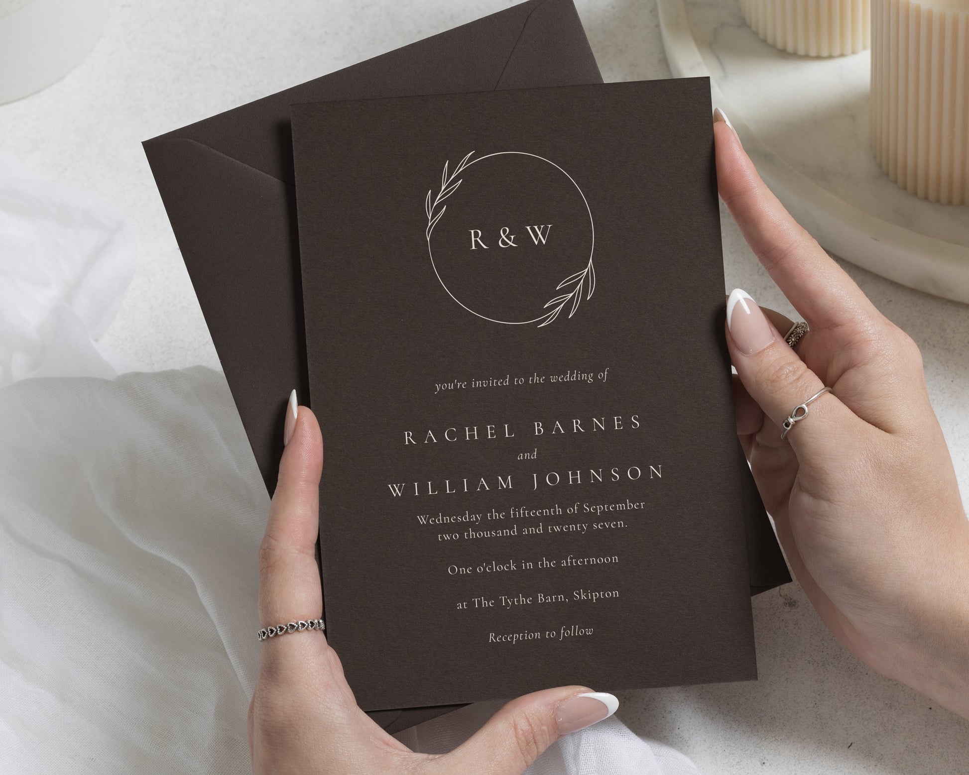Chocolate Brown Wedding Invitations, Monogram Wedding Invites, Botanical Wreath Invitation, Elegant Personalised Wedding Stationery