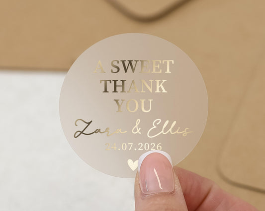 Personalised Wedding Thank You Sticker, Gold Foil Thank You Label, Custom Wedding Sticker, Sweet Thank You Sticker, Wedding Favour Label