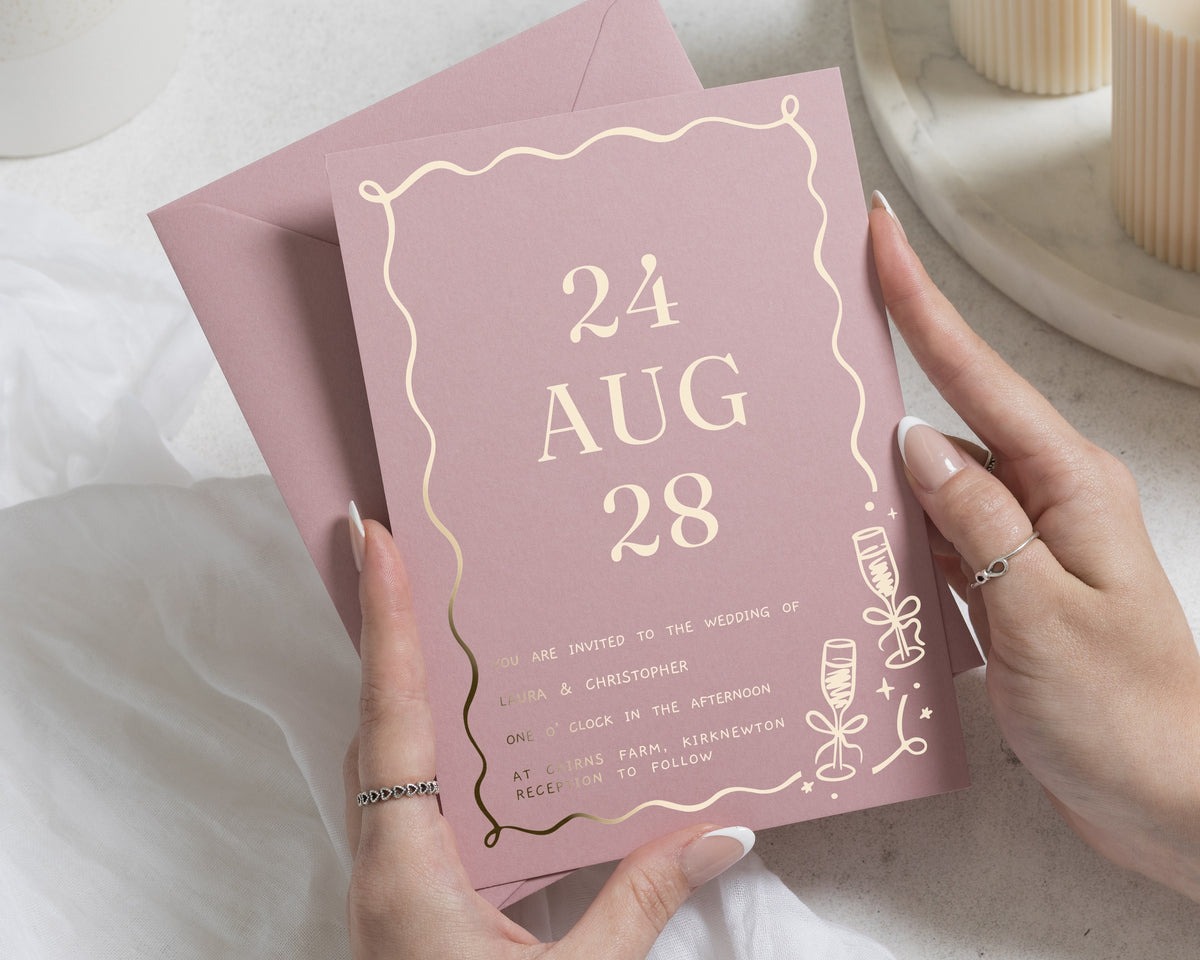 Gold Foil Wedding Invitations, Rose Pink Wedding Invite, Modern Typography Invitation, Playful Wavy Border, Personalised Invites