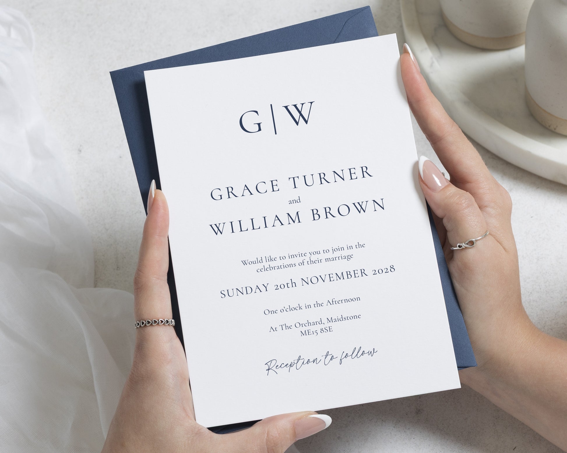 Navy Monogram Wedding Invitations, Minimalist Wedding Invite, Elegant Typography Invitation Suite, Personalised Wedding Stationery