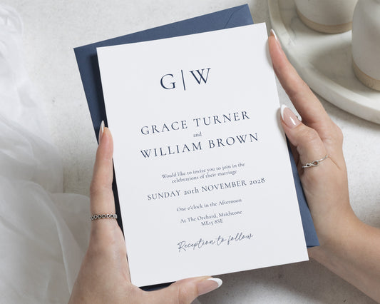 Navy Monogram Wedding Invitations, Minimalist Wedding Invite, Elegant Typography Invitation Suite, Personalised Wedding Stationery