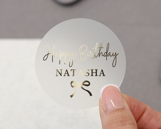 Happy Birthday Sticker, Personalised Birthday Sticker, Birthday Label, Custom Name Sticker, Gold Foil Birthday Sticker