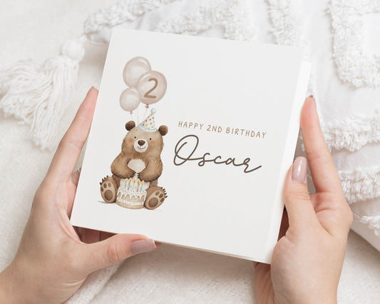 2nd Birthday Card for Boy, Personalised Bear Birthday Card, Birthday Card for Son, Cute Birthday Card for Kids, Animal Birthday Card