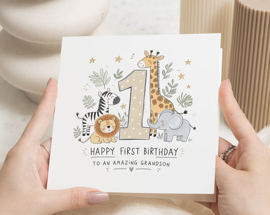 1st Birthday Card for Grandson, First Birthday Card, Grandson Birthday Card, Safari Birthday Card, Jungle Animal Birthday Card for Boy