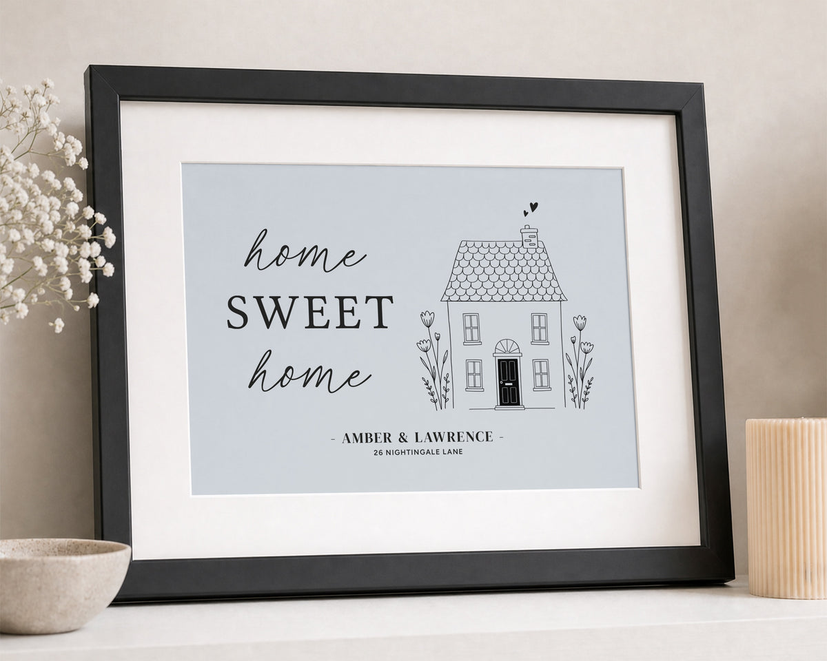 Personalised New Home Print, Light Blue Wall Art, Home Sweet Home Gift, Custom Address Print, House Warming Gift