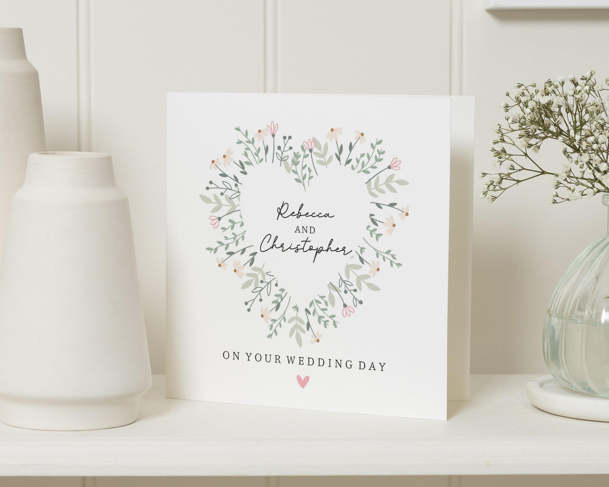 Wedding Card for Couple, Personalised Wedding Card, On Your Wedding Day Card, Floral Heart Wedding Card, Custom Names Wedding Card