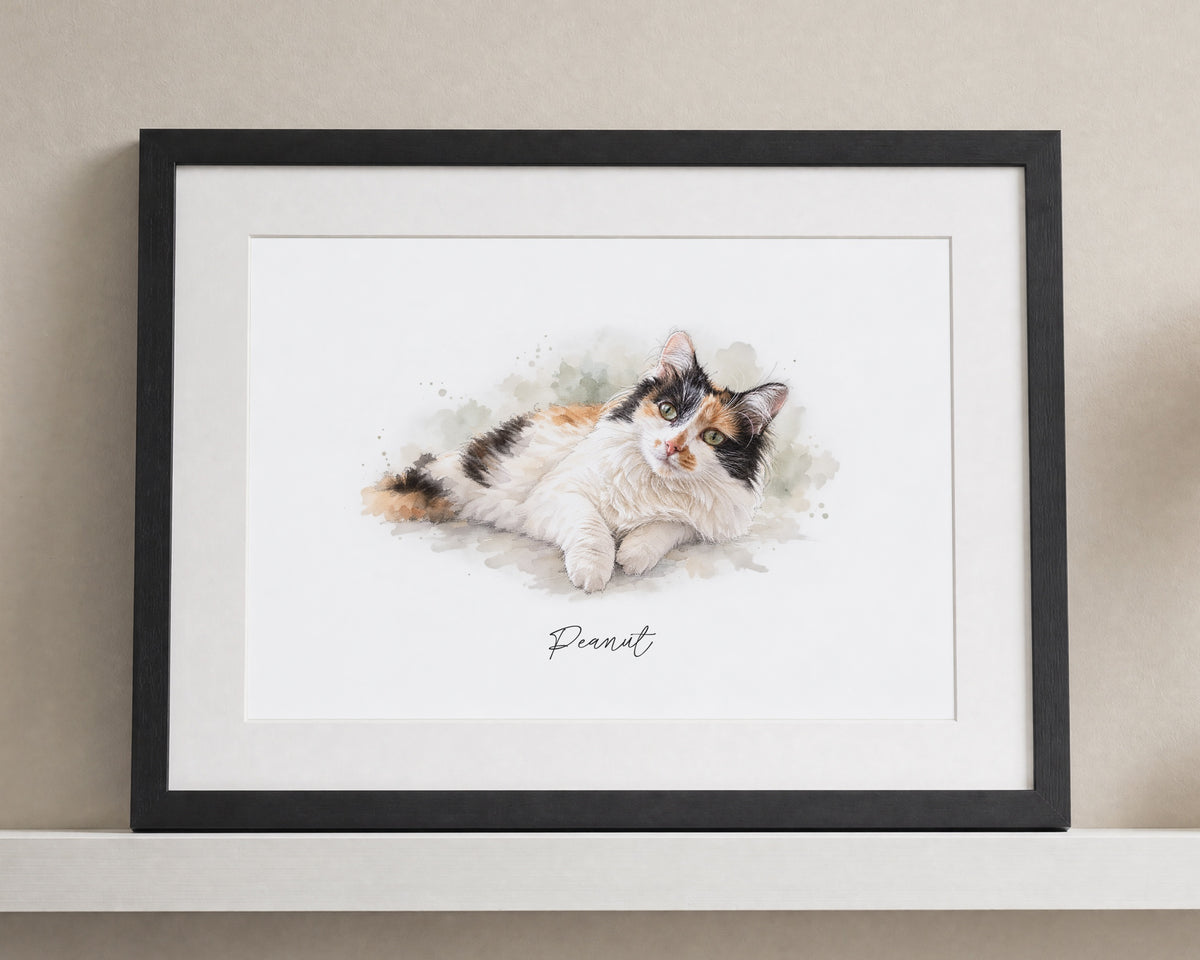 Personalised Pet Portrait Print, Custom Cat Watercolour Wall Art, Pet Memorial Gift, Cat Lover Gift, Black Framed Print With Mount