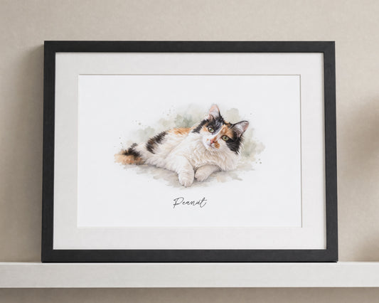 Personalised Pet Portrait Print, Custom Cat Watercolour Wall Art, Pet Memorial Gift, Cat Lover Gift, Black Framed Print With Mount