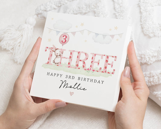 3rd Birthday Card for Girl, Personalised Bunny Birthday Card, Birthday Card for Daughter, Cute Third Birthday Card, Animal Birthday Card