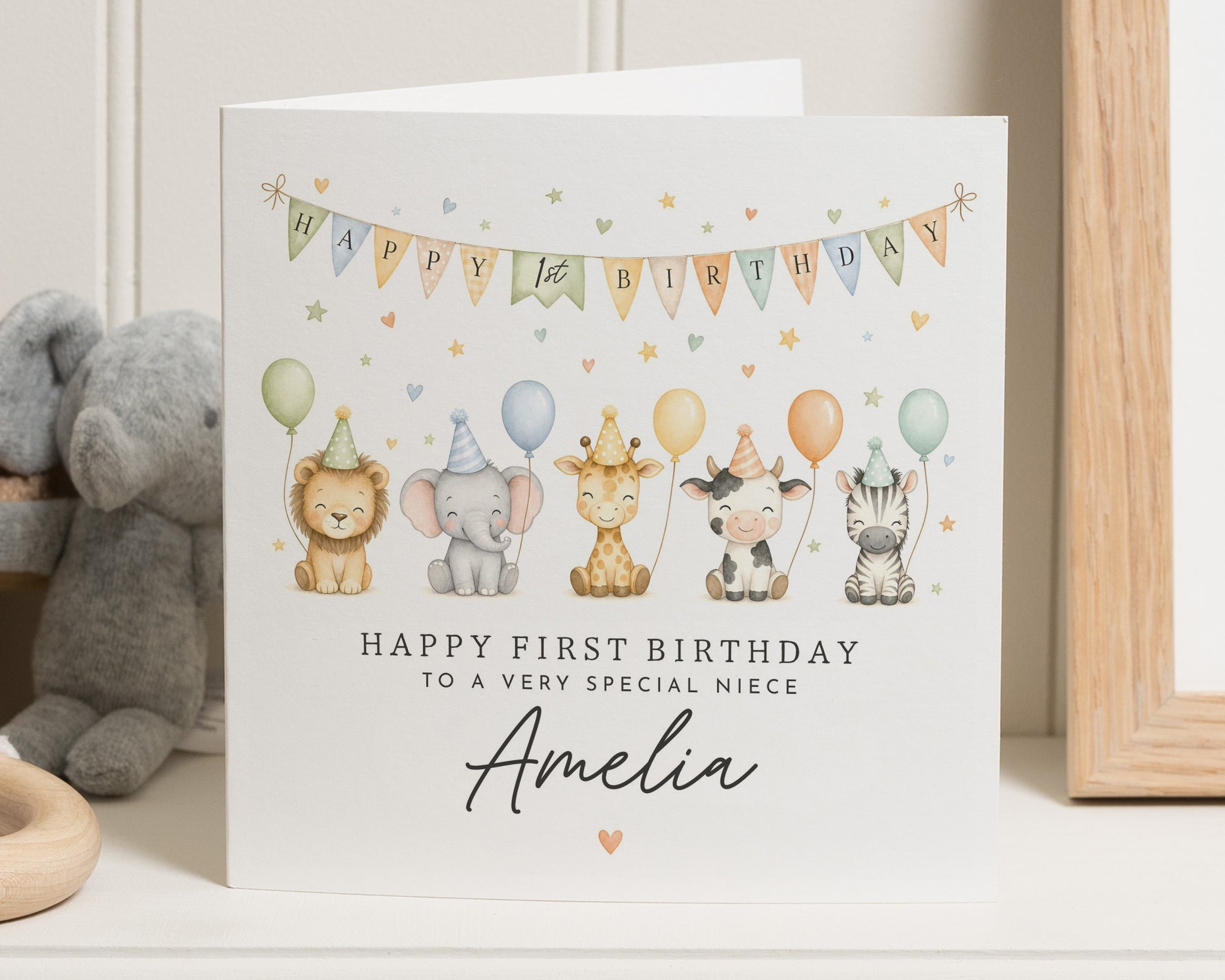 1st Birthday Card for Niece, First Birthday Card, Personalised Birthday Card for Girl, Safari Birthday Card, Jungle Animal Birthday Card