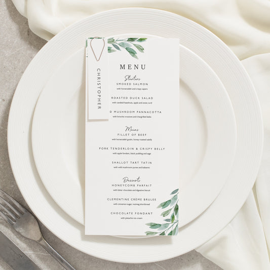 Botanical Wedding Menu Cards, Greenery Dinner Menu Cards, Eucalyptus Menu Card With Guest Name, Sage Green Menu with Tags &#39;Callista&#39;