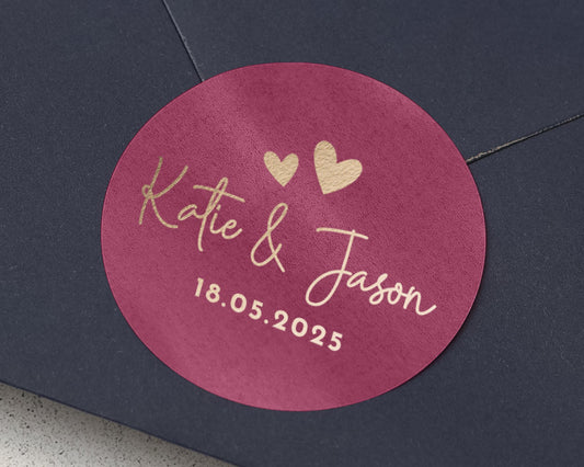 Personalised Wedding Sticker, Custom Names and Date, Envelope Seal, Gold Foil, Red, Wedding Favour Sticker, Engagement Party Sticker