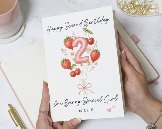 Second Birthday Card for Girl, 2nd Birthday Card, Personalised Birthday Card for Daughter, Cute Strawberry Birthday Card, Age 2 Card